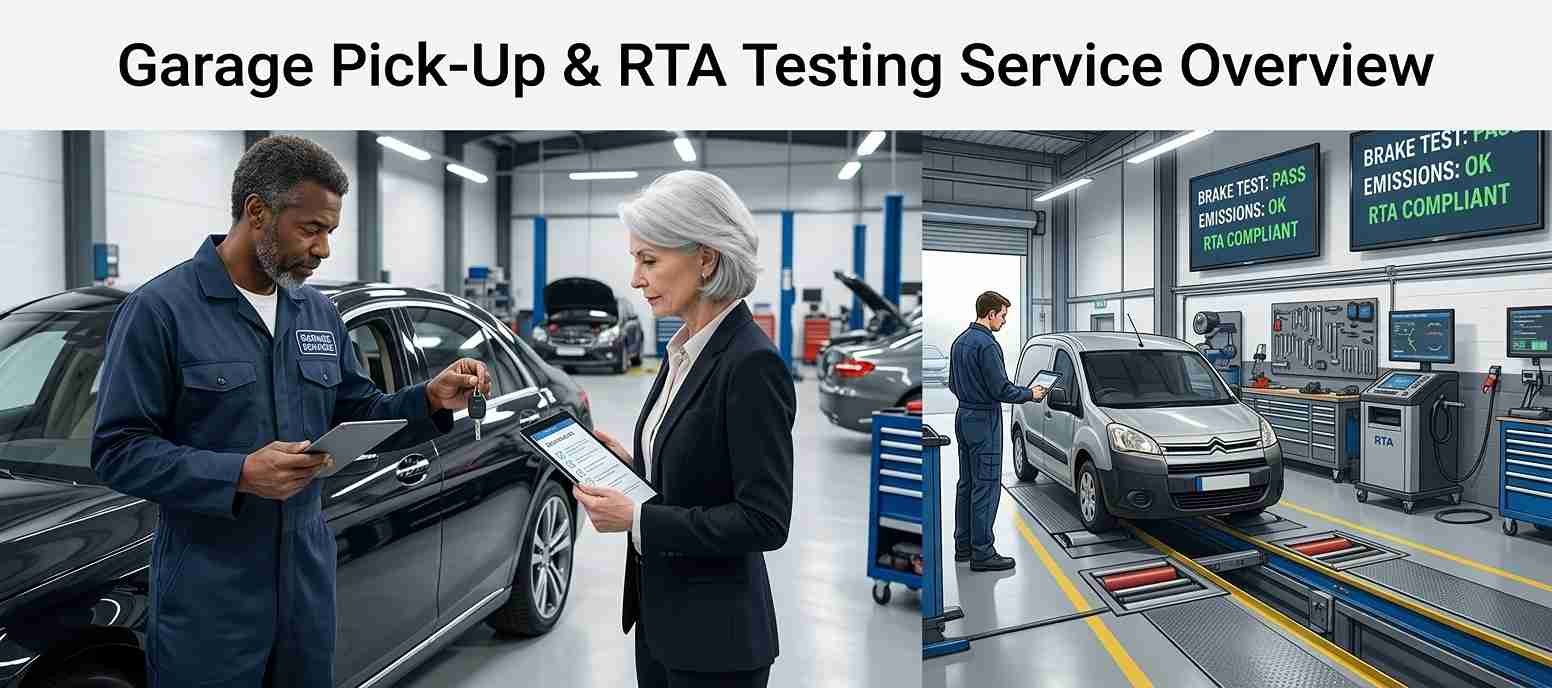 Fast Garage pick up service Dubai with car drop off and RTA testing services